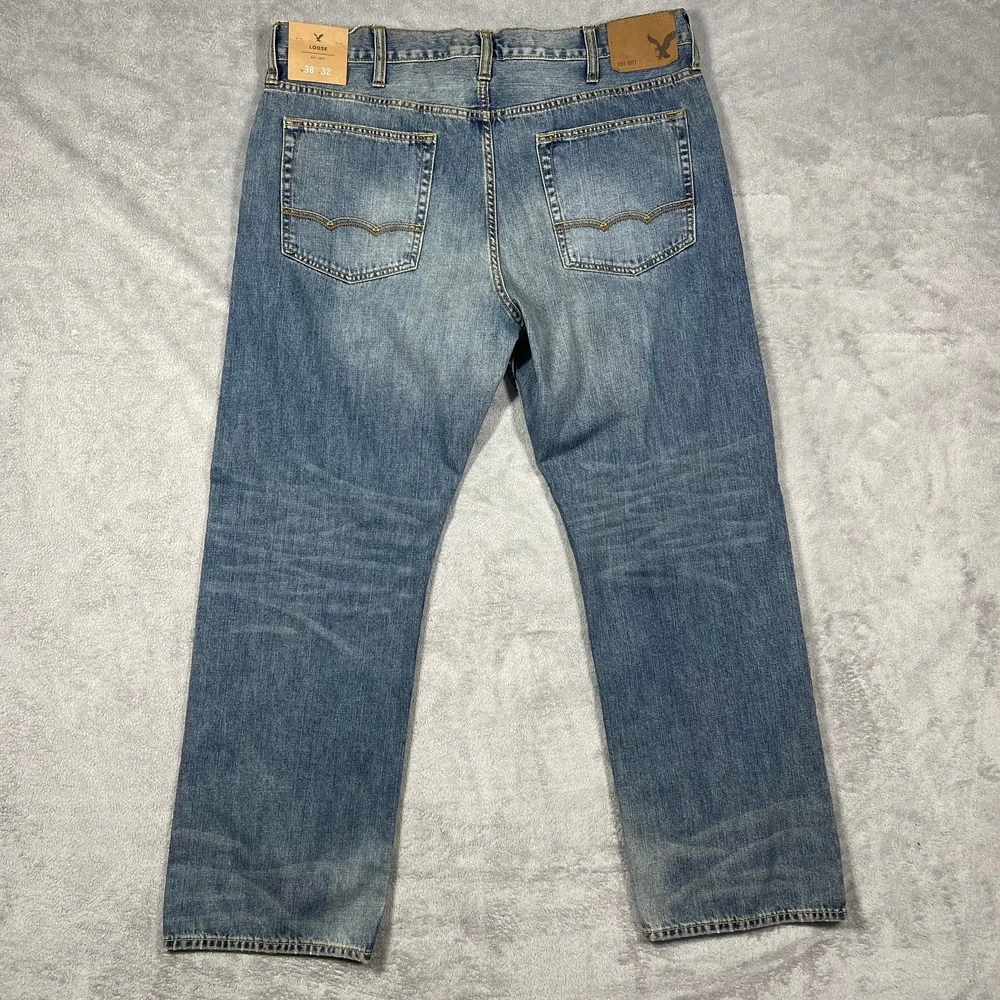 American Eagle Loose‎ Jeans Men 38x32 Blue Medium Wash Whiskered Denim NEW